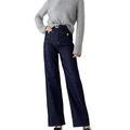 Detailansicht der dunkelblauen High-Waist-Jeans mit weitem Bein und goldenen Vintage-Knöpfen - S / Dunkelblau