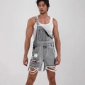 Men's casual grey distressed denim overalls shorts with ripped fringe and street style - S / Gray