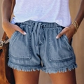 Damen Jeans-Shorts in Blau mit elastischem Kordelzug am Bund und stylischem Fransensaum - XS / Dunkelblau