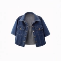 Chaqueta vaquera azul oscuro de manga corta para mujer con botones metálicos - S / Azul oscuro