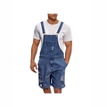 Men's casual distressed denim dungaree shorts in light blue wash with ripped details - Dark Blue