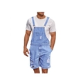 Men's light blue distressed denim overall shorts with ripped details and front pocket - Light Blue
