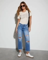 Detailansicht der High-Waist-Denim-Jeans mit markanten Rissen am Knie und geradem Schnitt - S / Blau