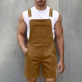 Detail of men's brown denim overalls with adjustable metal buckles and chest pockets - S / Brown