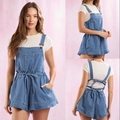 Women's blue denim overall shorts with a white t-shirt and back bow detail set - S / Top And Bottom / Navy Blue & White