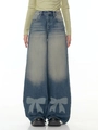 Retro high-waisted wide-leg denim pants featuring gradient blue wash and bow prints - S / Blue