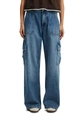 Detail der Cargo-Jeans mit großen Taschen und klassischen gelben Ziernähten für Damen - S / Dunkelblau