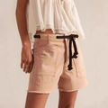 Women's pink denim shorts with drawstring eyelets and frayed hem loose fit casual style - Orange