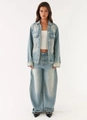Full body view of vintage light blue washed denim jacket and straight jeans outfit - Top And Bottom