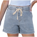 Pantalones cortos vaqueros azul claro para mujer con cintura elástica y bolsillos grandes - S / Azul claro