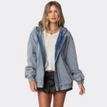 Chaqueta vaquera azul claro con capucha para mujer, corte holgado y puños elásticos - S / Azul claro