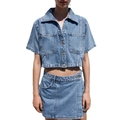 Women's light blue denim two-piece set with cropped button shirt and wrap mini skirt - Sky Blue