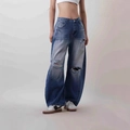 Vintage lichtblauwe wide leg jeans voor dames met gescheurde knieën en een losse pasvorm - S / Donkerblauw