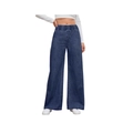 Jeans da donna a gamba larga blu scuro con vita elastica e vestibilità morbida - S / Blu scuro