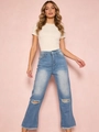 Damen Casual High Waist Jeans in Hellblau mit Destroyed-Effekten und geradem Beinverlauf - S / Hellblau