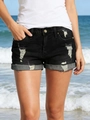 Detailansicht der schwarzen Jeans-Shorts mit Rissen und umgeschlagenem Saum - S / Schwarz