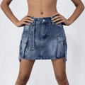 Close-up of vintage dark blue cargo denim skirt with utility pockets and metal hardware - S / Dark Blue