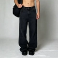 Detailed view of men's wide-leg charcoal grey jeans with heavy cotton washed denim texture - M / Black