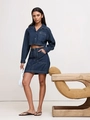 Donkerblauwe denim set met kort jasje en A-lijn rok met hoge taille voor dames mode - S / Donkerblauw