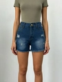 Detail von High-Waist-Jeans-Shorts in Blau mit Rissen und ausgefransten Saumkanten - S / Dunkelblau