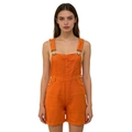 Detailed front view of bright orange denim overalls with adjustable metal buckles and chest pocket - Orange