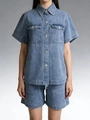 Women's retro loose denim two-piece set with short sleeve shirt and matching shorts - Light Blue