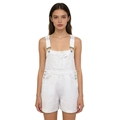 Detail of white denim dungaree shorts featuring adjustable metal buckles and chest pocket - S / White