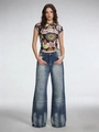 Vintage gewassen damesjeans met wijde pijpen, vleugelprint en nauwsluitend grafisch T-shirt - S / Blauw