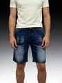 Close-up of men's blue denim shorts featuring elastic waist with black drawstring detail - M / Blue