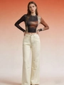 Women high waist straight leg denim jeans with vintage patterned long sleeve slim top set - Off White