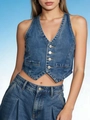 Detail of dark blue denim halter vest with V-neckline and silver buttons on casual fit - S / Dark Blue