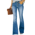 Dettaglio di jeans svasati slim fit con patta a cinque bottoni ed effetto lavaggio vintage - S / Blu