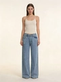 Detail of high waisted wide leg jeans with thigh distressing and rib knit camisole top - Light Blue