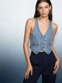 Detailed view of light blue denim vest with metal buttons and sharp triangular hem design - S / Light Blue