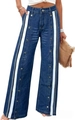 Detail von High-Waist-Jeans mit weitem Bein, weißen Seitenstreifen und Metallknöpfen - S / Blau