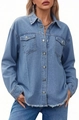 Detalle de camisa vaquera azul con botones metálicos y dobladillo deshilachado con flecos - S / Azul claro