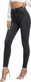 Detail van zwarte stretch denim jeans met hoge taille en een knoop- en ritssluiting - XS / Grijs
