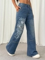 Damen High-Waist Wide-Leg Jeans in gewaschenem Blau mit Y2K-Herzprint und Stickerei - S / Blau