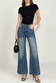 Detail der Vintage-Waschung blauen Denim-Jeans mit Cat-Whisker-Effekt und weitem Bein - S / Dunkelblau