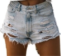 Detailed close-up of light blue high-waisted denim shorts with ripped and frayed hem details - S / Bottoms / Light Blue
