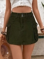 Detailed front view of high-waisted cargo mini skirt with dual buttons and utility pockets - Green