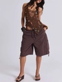 Damen Sommer Cargo-Denim-Shorts mit Kordelzug und großen Taschen im lässigen Boho-Stil - S / Kaffeebraun