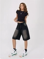 Retro loose fit washed gray denim shorts styled with a black polka dot short sleeve t-shirt - S / Black