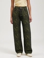 Detailweergave van een luipaardprint jeans met hoge taille en rechte pijpen - S / Groen