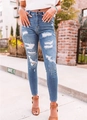 Detail von High-Waist Skinny Jeans mit großen Rissen am Knie und ausgefransten Kanten für Damen - S / Blau