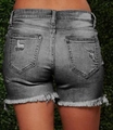Women's slim fit smoke grey denim shorts with ripped details and frayed fringe hemline - S / Gray