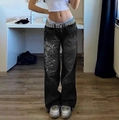 Streetstyle schwarze weite Denim-Hose mit weißem Herz-Print und Wascheffekt-Design - S / Schwarz