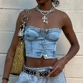 Slim fit denim corset top in light blue with front metal buttons and a retro Y2K look - S / Light Blue