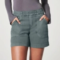 Slim fit retro grey-green stretch denim shorts for women with utility front pockets - S / Grey Green
