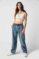 Detailed shot of high waisted wide leg light blue denim jeans with elegant lace top - S / Light Blue